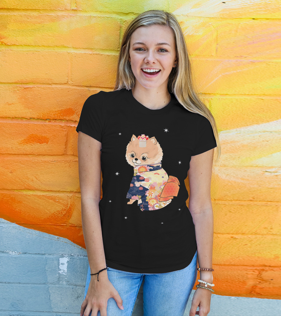 Pomeranian Dog In Floral Kimono With Stars T-Shirt