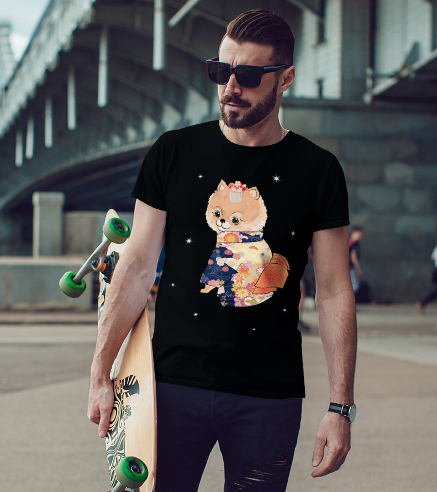 Pomeranian Dog In Floral Kimono With Stars T-Shirt