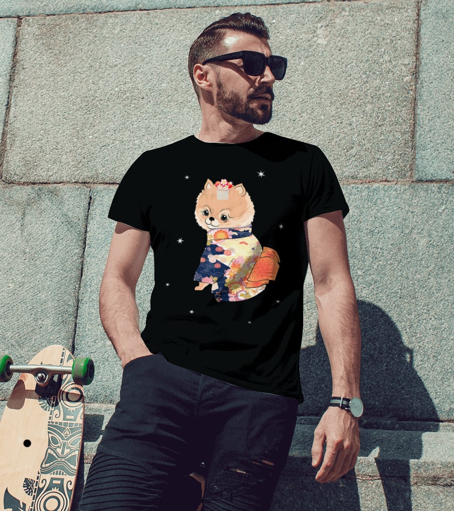 Pomeranian Dog In Floral Kimono With Stars T-Shirt