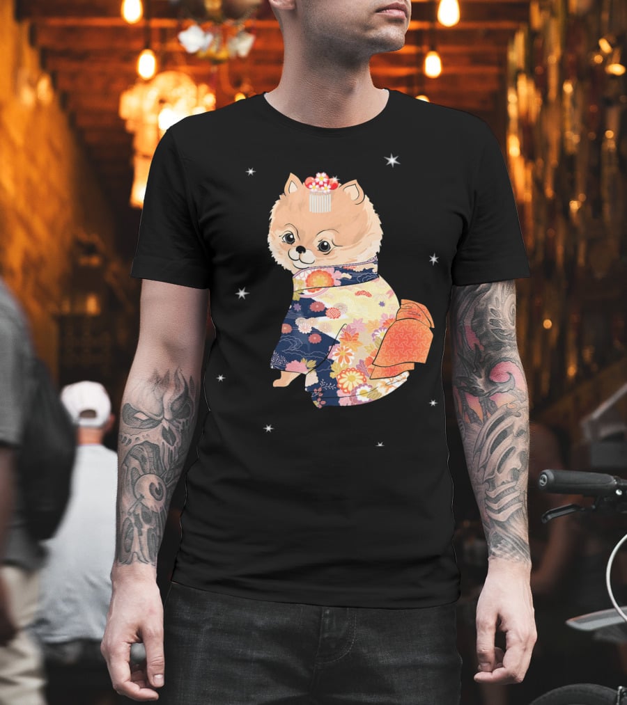 Pomeranian Dog In Floral Kimono With Stars T-Shirt