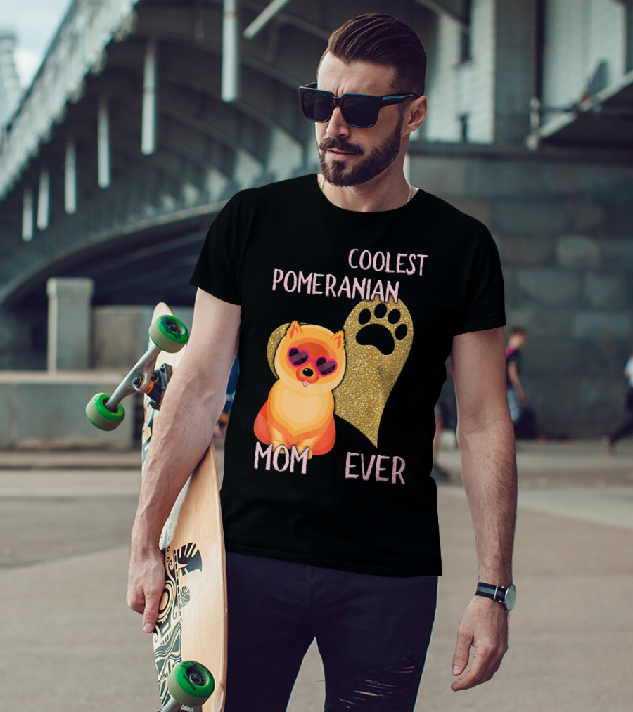 Coolest Pomeranian Mom Ever With Heart Paw Print And Sunglasses T-Shirt