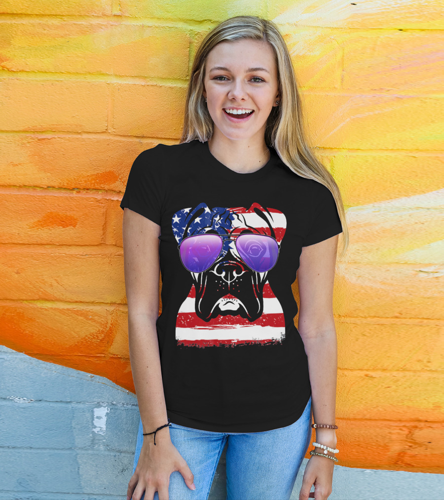Boxer Dog With American Flag Sunglasses Patriotic T-Shirt