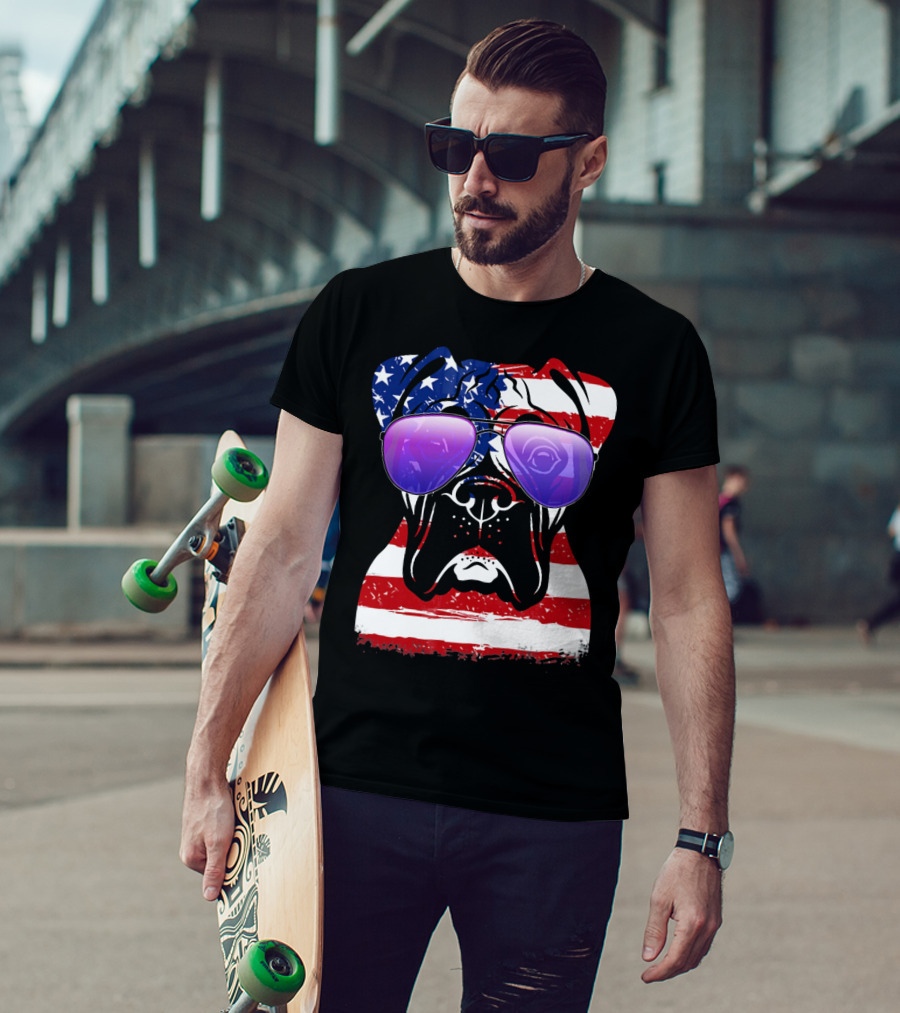 Boxer Dog With American Flag Sunglasses Patriotic T-Shirt