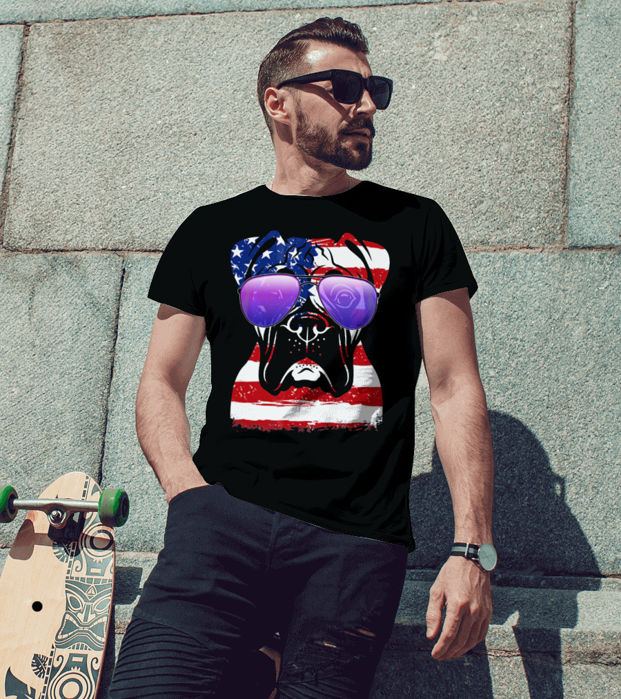 Boxer Dog With American Flag Sunglasses Patriotic T-Shirt