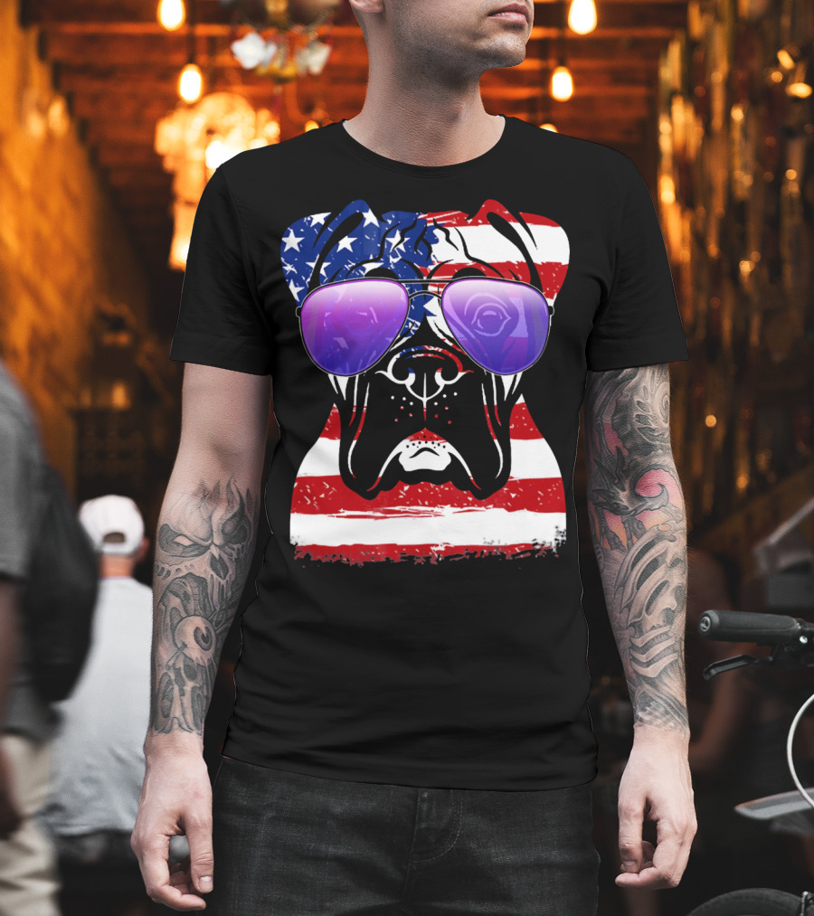 Boxer Dog With American Flag Sunglasses Patriotic T-Shirt