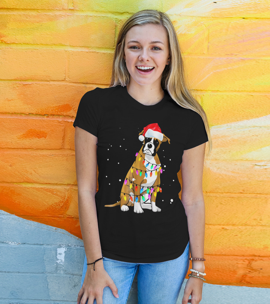 Boxer Dog Wrapped In Christmas Lights With Santa Hat T-Shirt