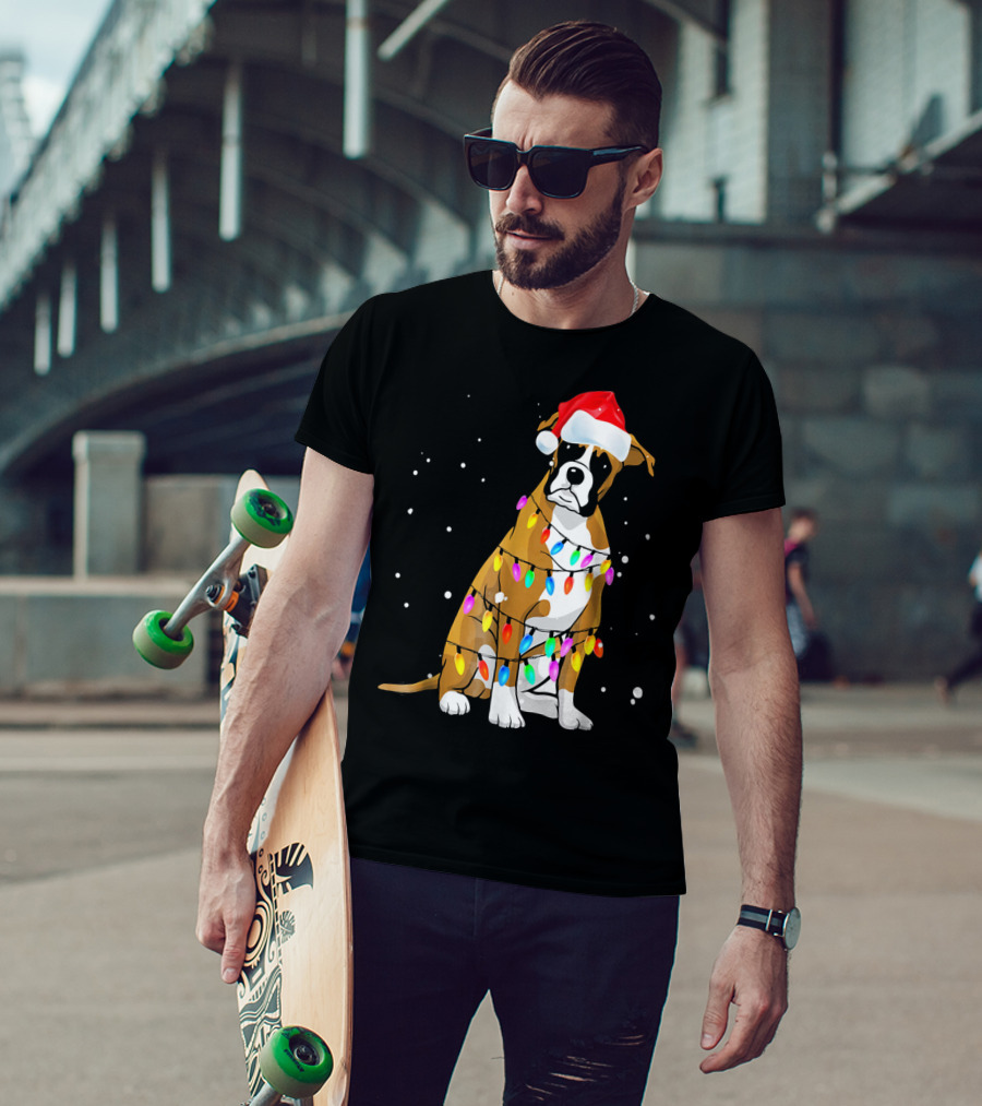 Boxer Dog Wrapped In Christmas Lights With Santa Hat T-Shirt