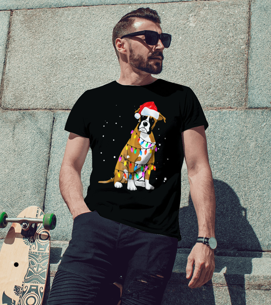 Boxer Dog Wrapped In Christmas Lights With Santa Hat T-Shirt