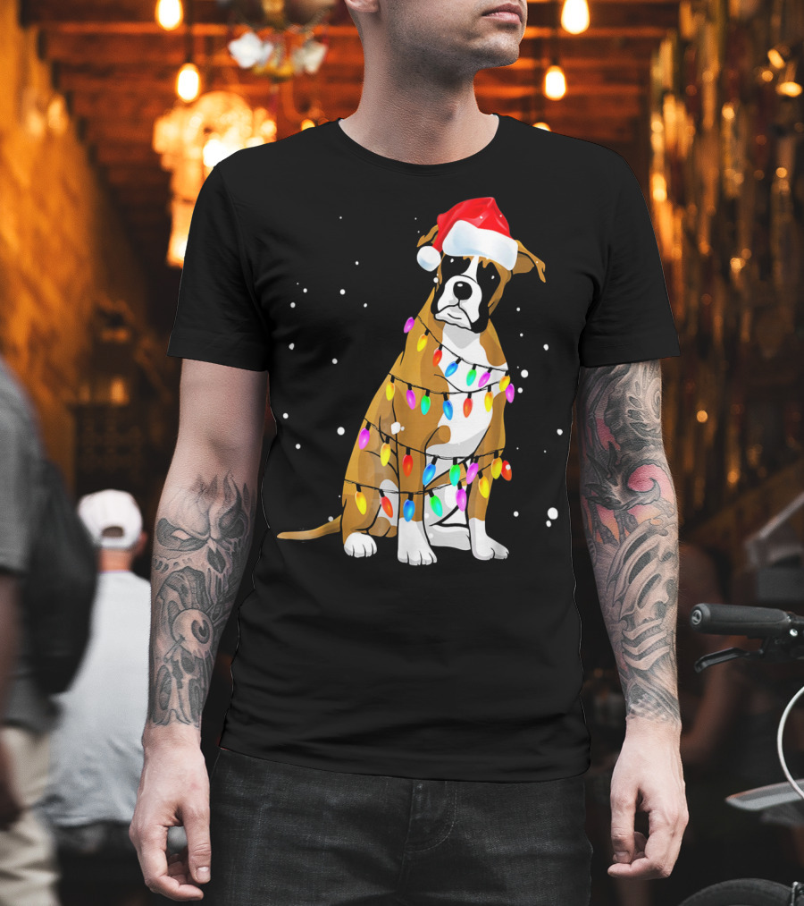 Boxer Dog Wrapped In Christmas Lights With Santa Hat T-Shirt