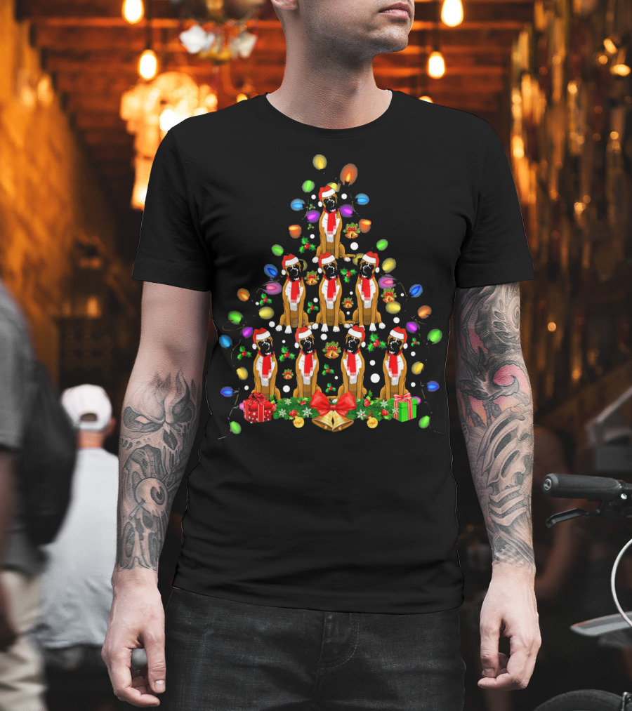 Boxer Dogs in Christmas Tree with Lights and Santa Hats T-Shirt