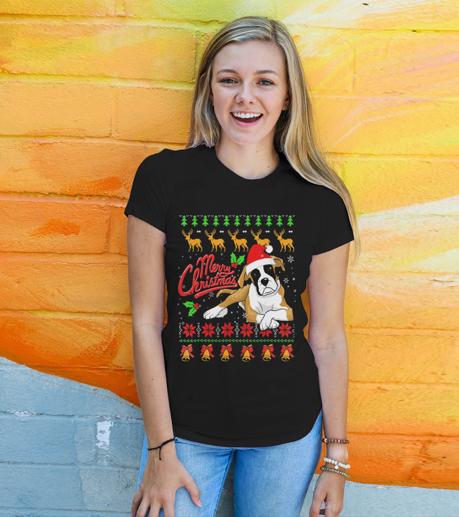 Merry Christmas Boxer Dog Santa Hat Reindeer Snowflakes T-Shirt