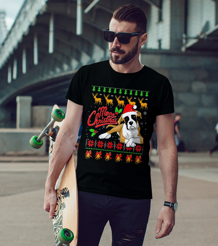 Merry Christmas Boxer Dog Santa Hat Reindeer Snowflakes T-Shirt
