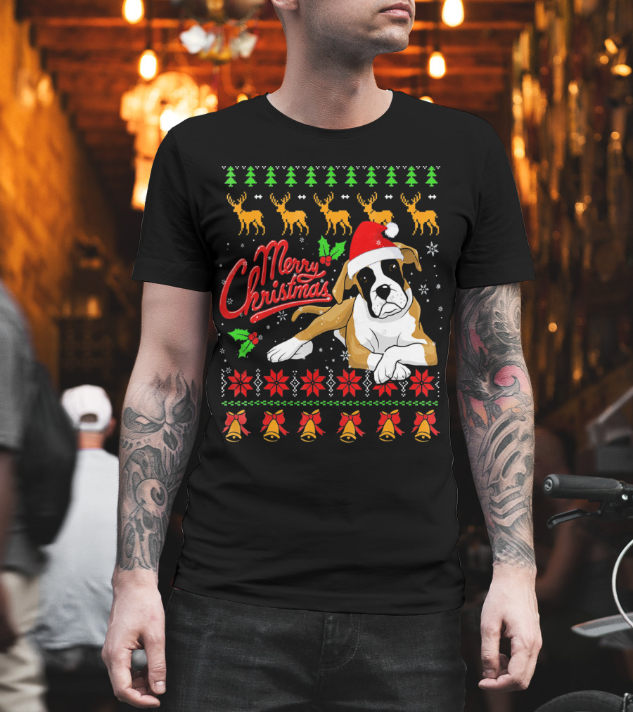 Merry Christmas Boxer Dog Santa Hat Reindeer Snowflakes T-Shirt