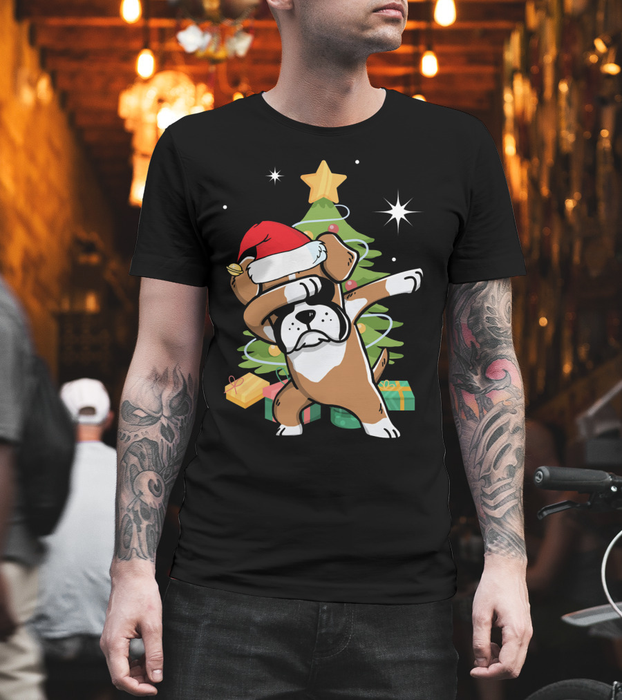 Christmas Boxer Dog Dabbing in Front of Tree with Gifts T-Shirt