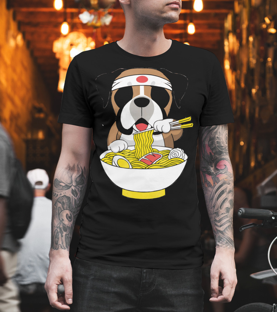 Boxer Dog Eating Japanese Ramen with Chopsticks in Funny T-Shirt