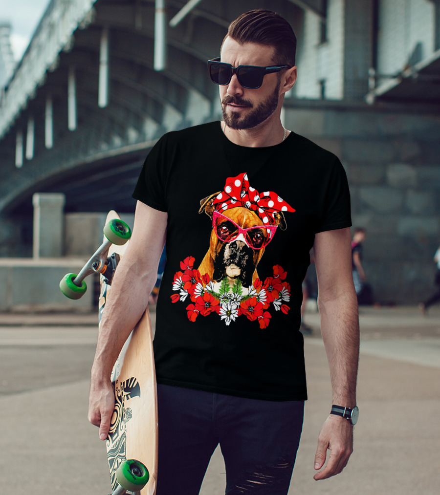 Boxer Dog Moms Red Polka Dot Bow Mixed Flower Arrangement T-Shirt