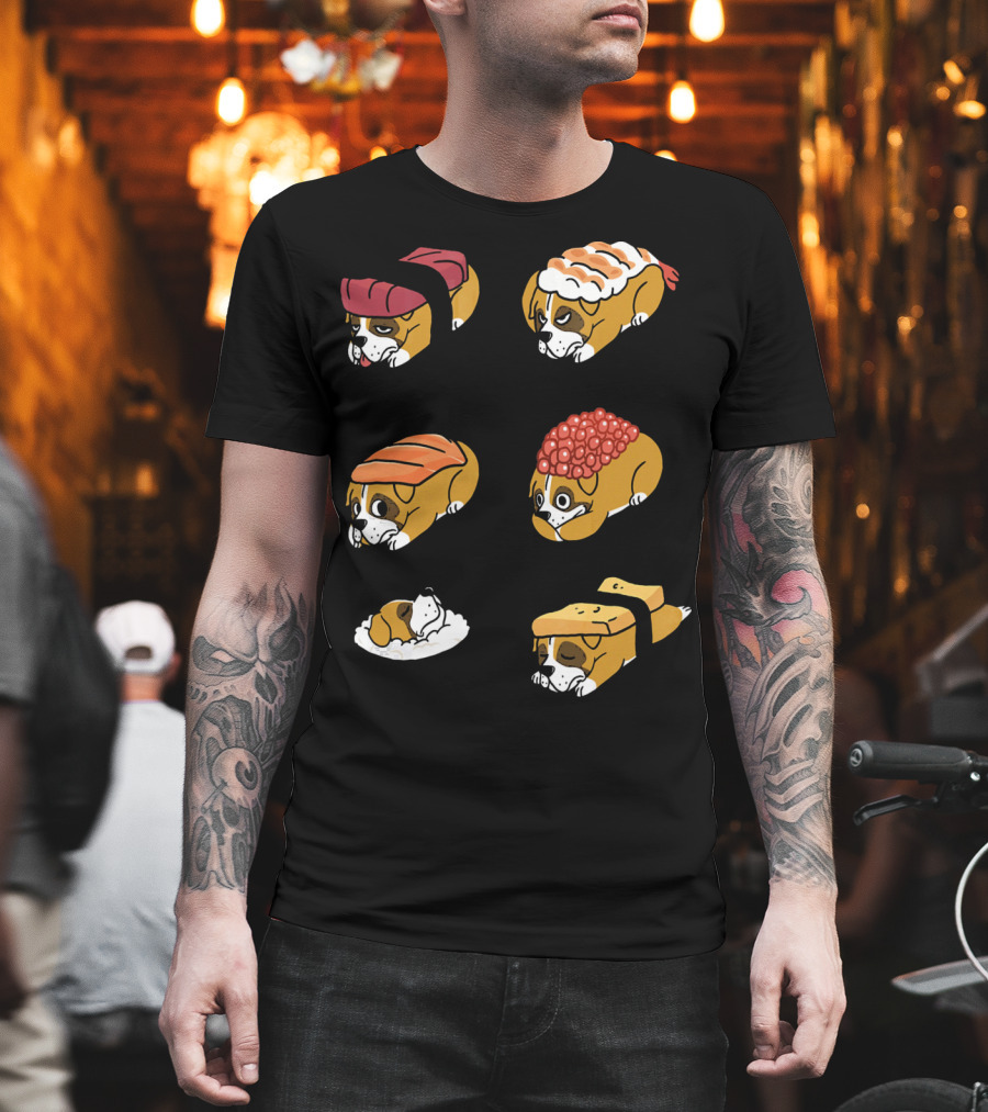 Boxer Dog Nigiri Sushi Funny Dog Boxer Sushi Roll Humor Nigiri Boxer Pups Sushi Styled Boxer Dogs T-Shirt