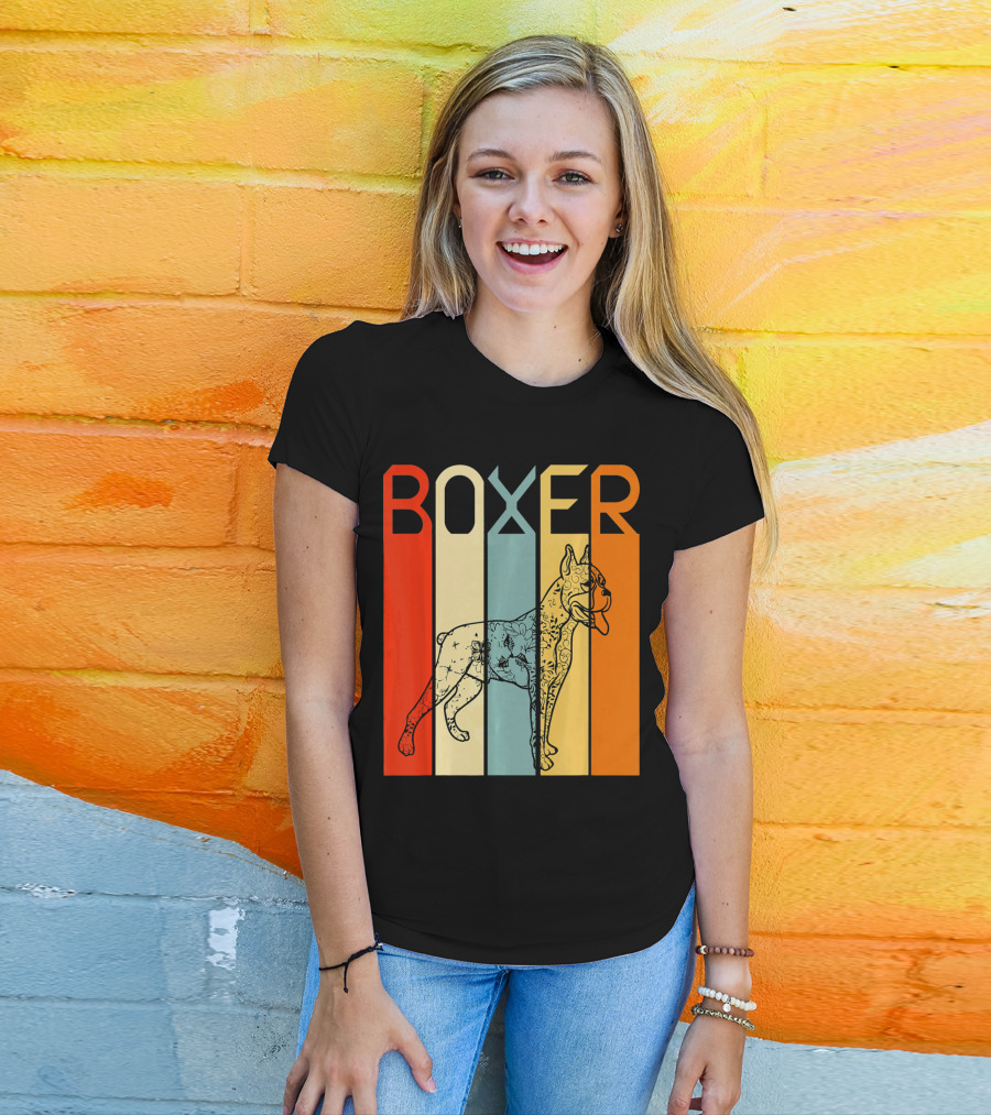 Boxer Dog Retro Stripes Outline T-Shirt