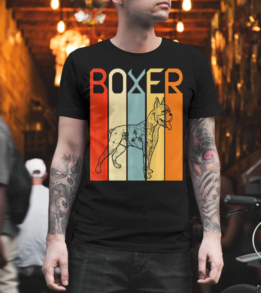 Boxer Dog Retro Stripes Outline T-Shirt