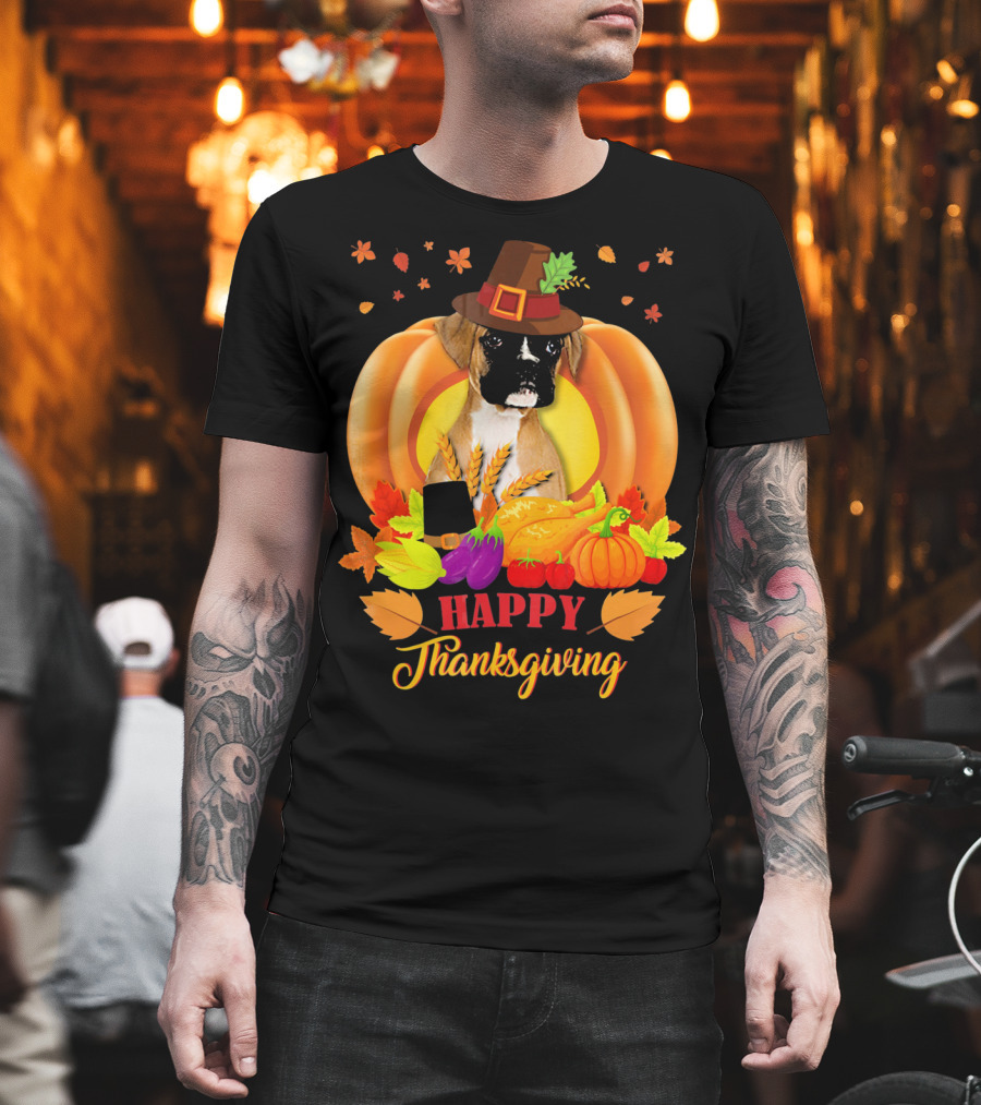 Boxer Dog In Pilgrim Hat Happy Thanksgiving Pumpkin Harvest T-Shirt