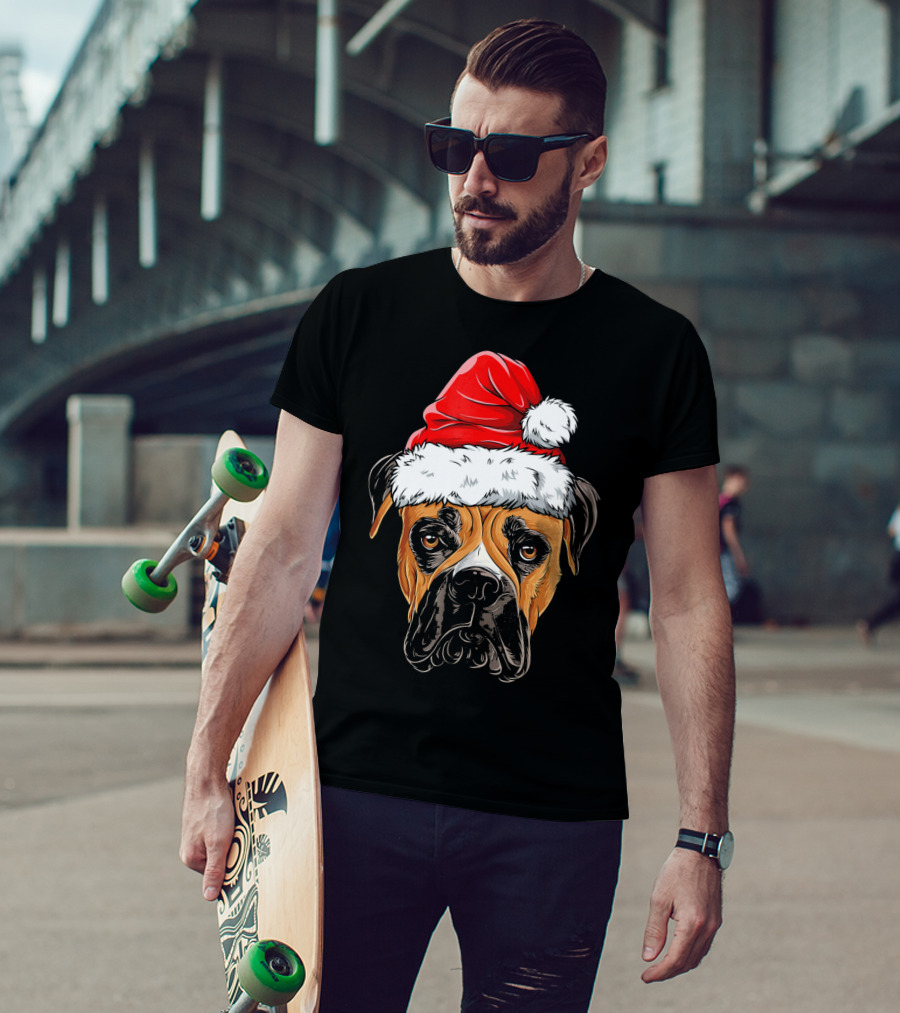 Boxer Dog Wearing Santa Hat T-Shirt