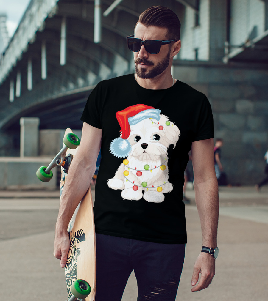 Santa Hat Maltese Dog Wrapped In Christmas Lights T-Shirt