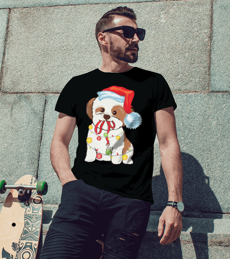 Christmas Lights Shih Tzu With Santa Hat And Festive Ornaments T-Shirt