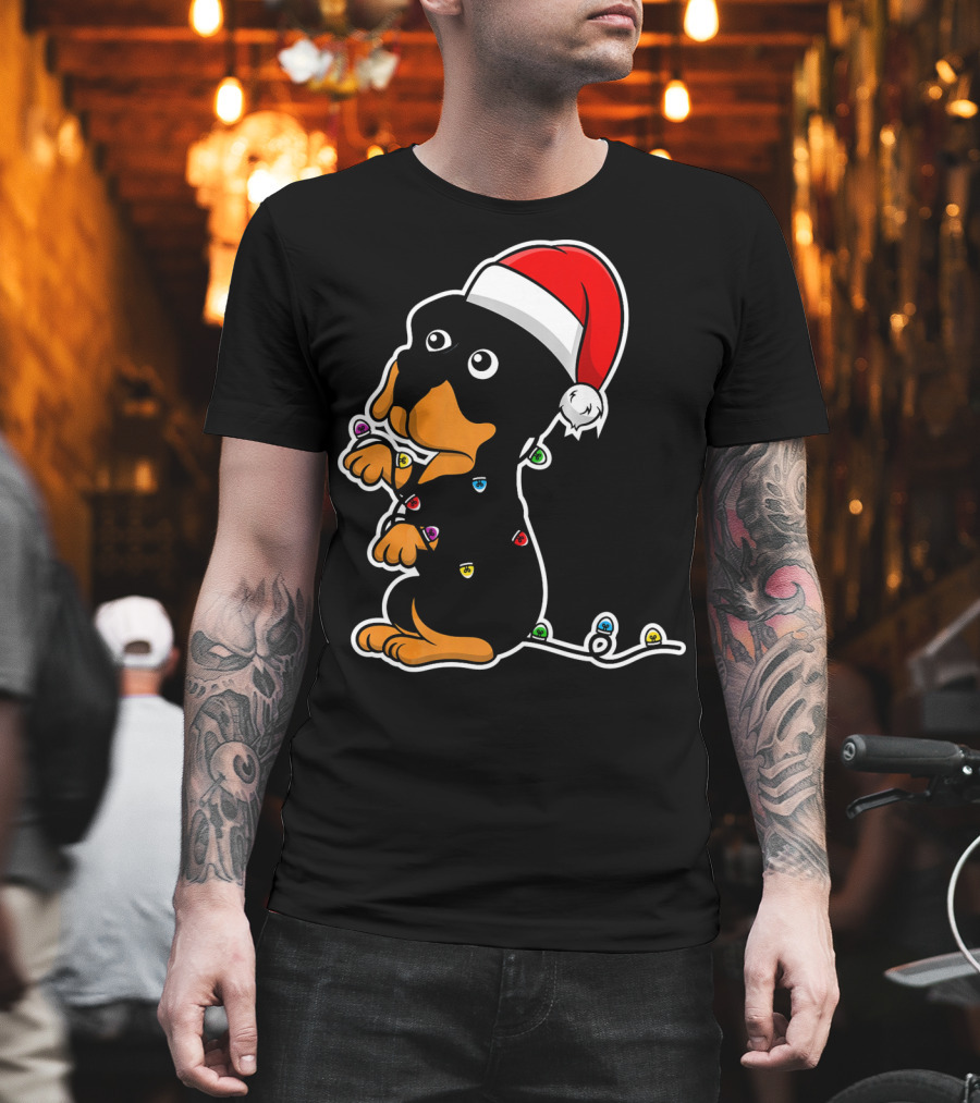 Christmas Rottweiler Puppy Santa Hat Lights T-Shirt