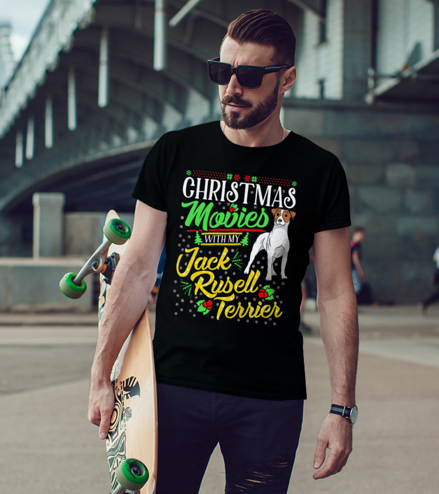 Christmas Movies With My Jack Russell Terrier Snowflakes And Holly T-Shirt