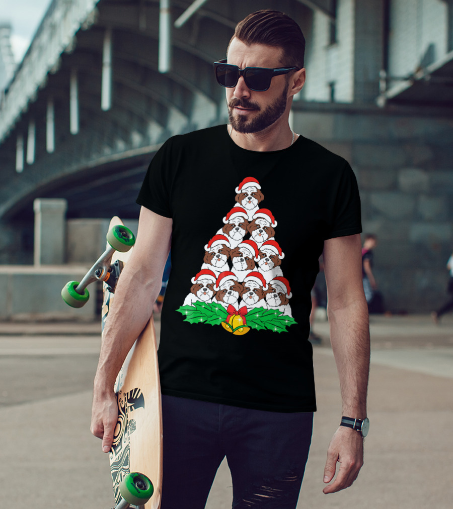 Christmas Shih Tzu Santa Hats Tree With Holly And Bells T-Shirt