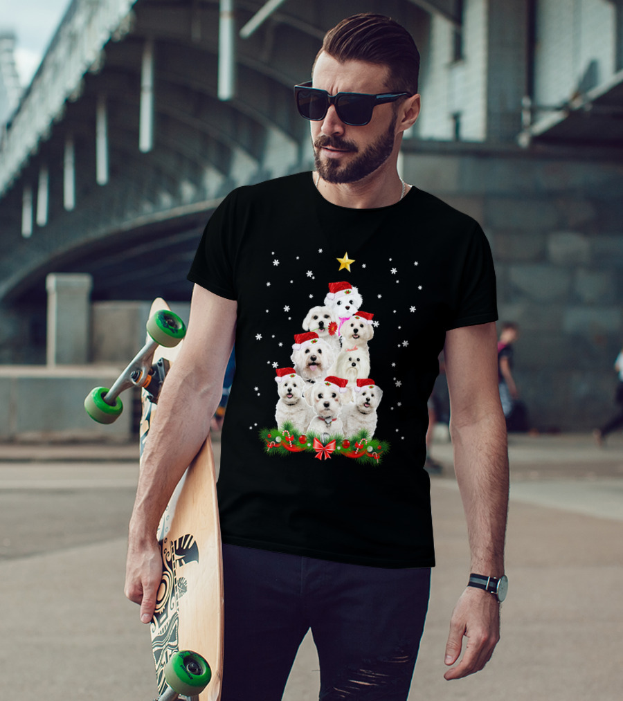 Maltese Dogs Christmas Tree With Santa Hats And Star T-Shirt