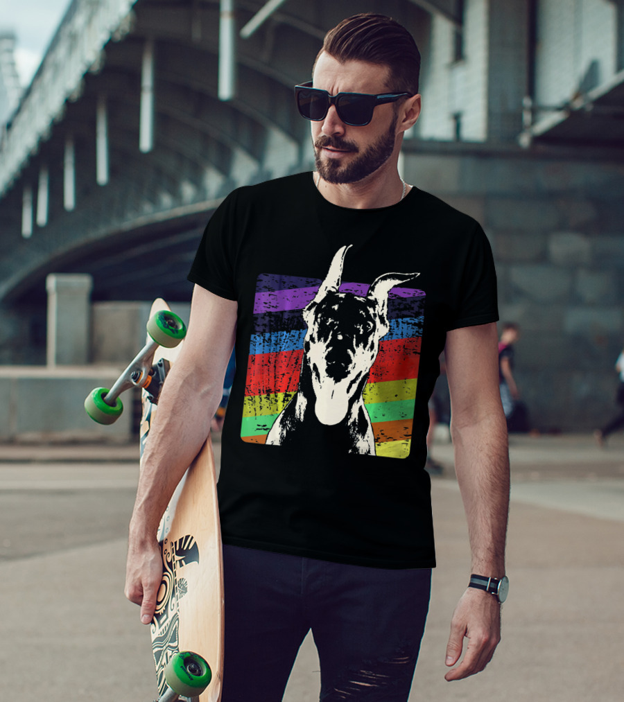 Classic Vintage Doberman Pinscher Rainbow Stripes Retro T-Shirt