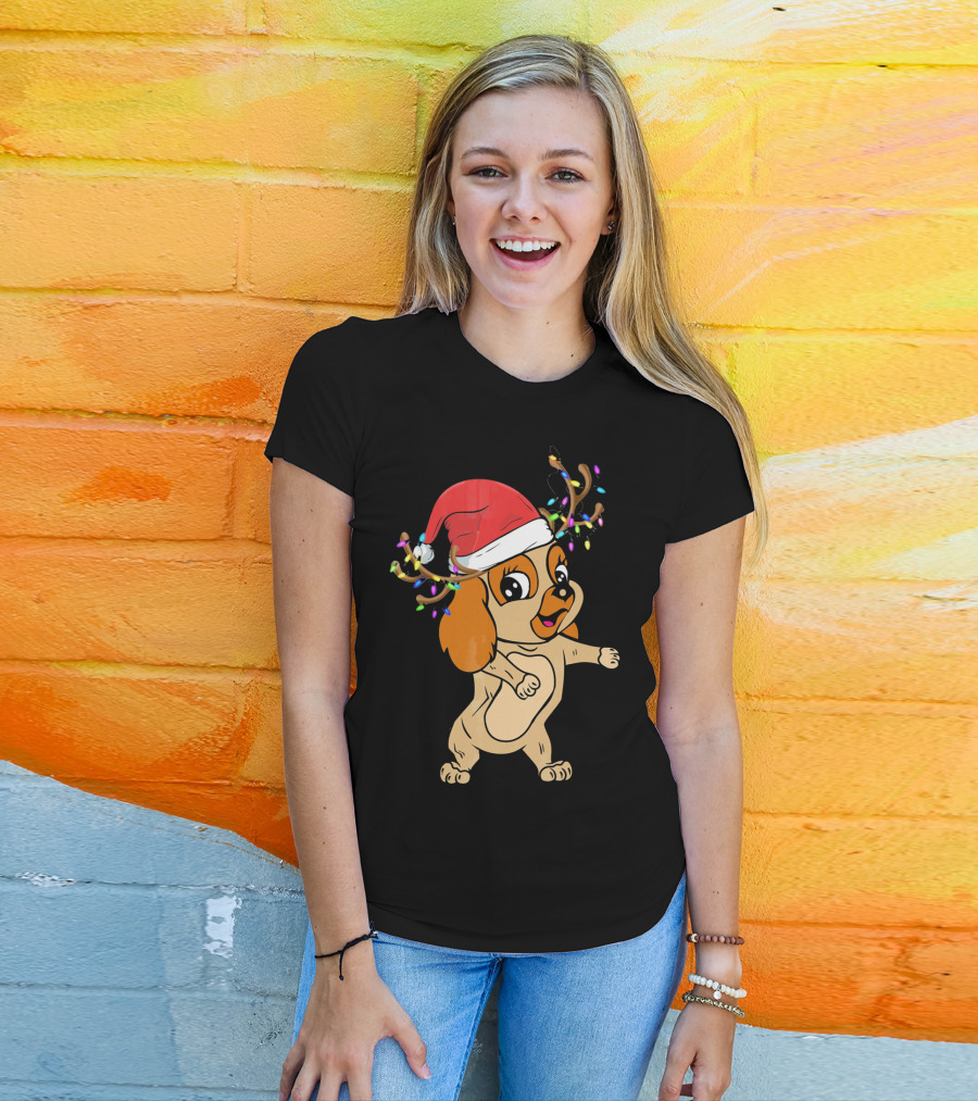 Cocker Spaniel Reindeer Christmas Funny Dog With Santa Hat And Festive Antlers T-Shirt