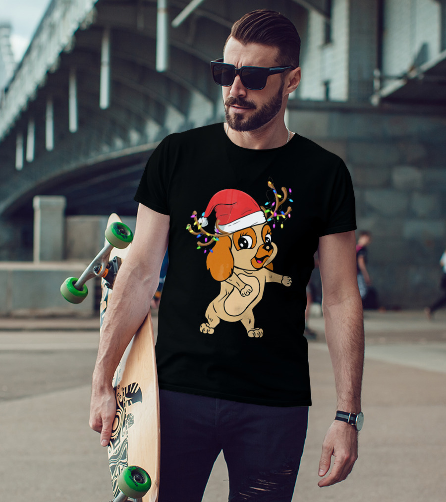 Cocker Spaniel Reindeer Christmas Funny Dog With Santa Hat And Festive Antlers T-Shirt