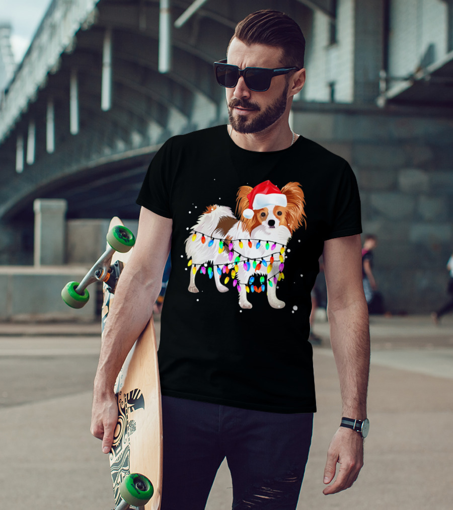 Papillon Dog Wrapped In Christmas Lights Wearing Santa Hat T-Shirt