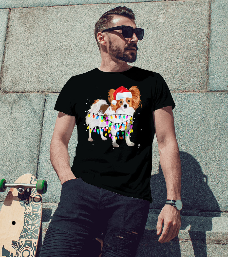 Papillon Dog Wrapped In Christmas Lights Wearing Santa Hat T-Shirt