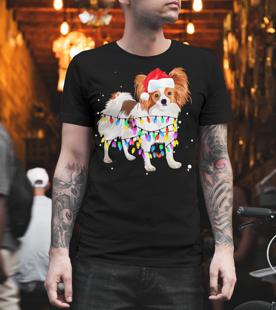 Papillon Dog Wrapped in Christmas Lights Wearing Santa Hat T-Shirt
