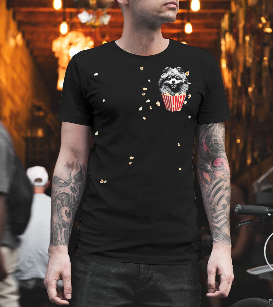 Smiling Pomeranian in Popcorn Box with Popping Kernels T-Shirt