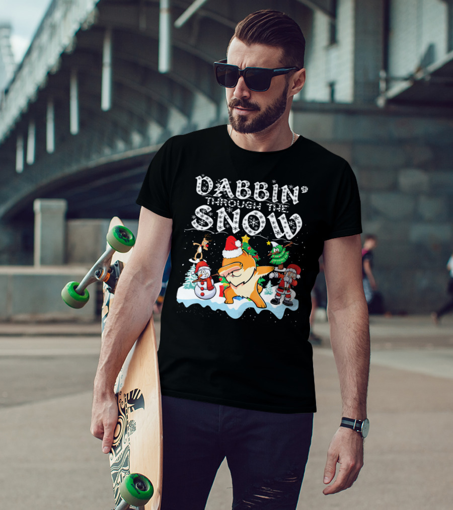 Dabbin Through The Snow Pomeranian Dog With Santa Snowman And Reindeer T-Shirt