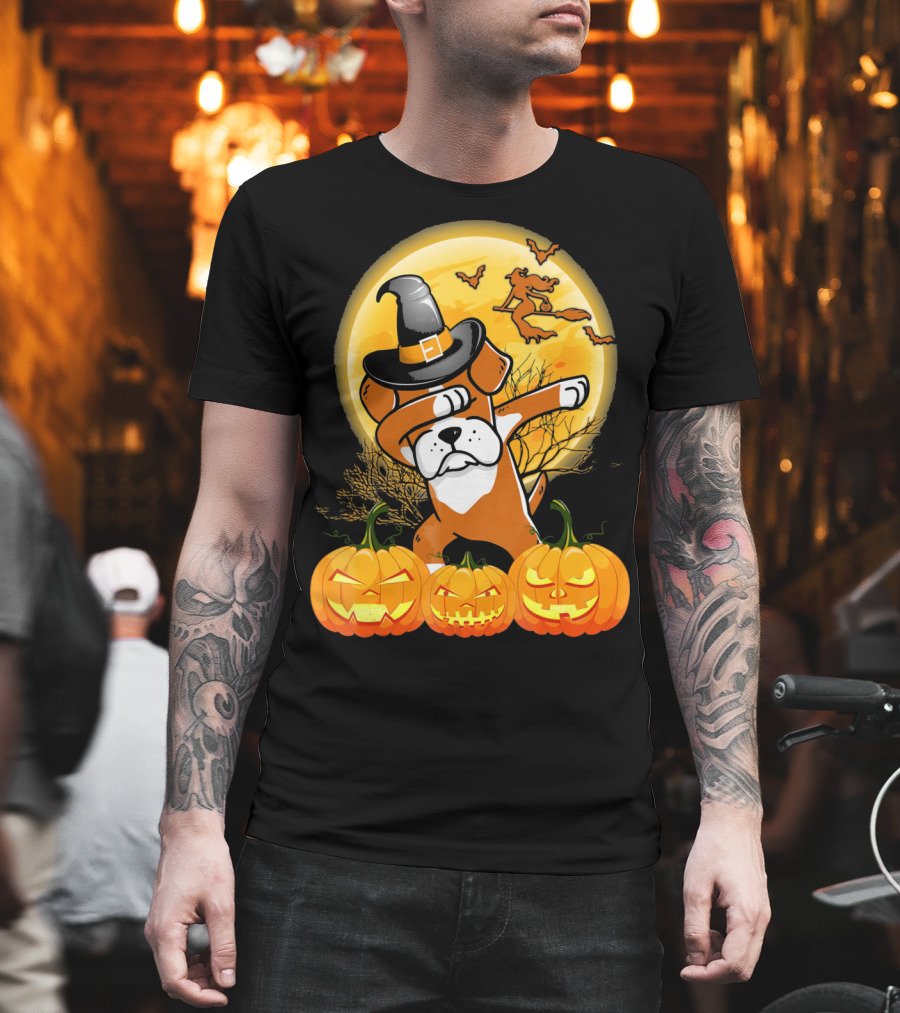 Halloween Dabbing Boxer Dog Witch Hat Pumpkins Bats Moon T-Shirt