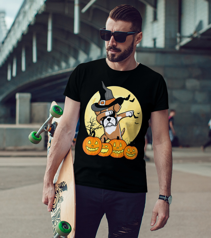 Dabbing Boxer Dog Witch Hat Pumpkin Halloween Dab Dance T-Shirt