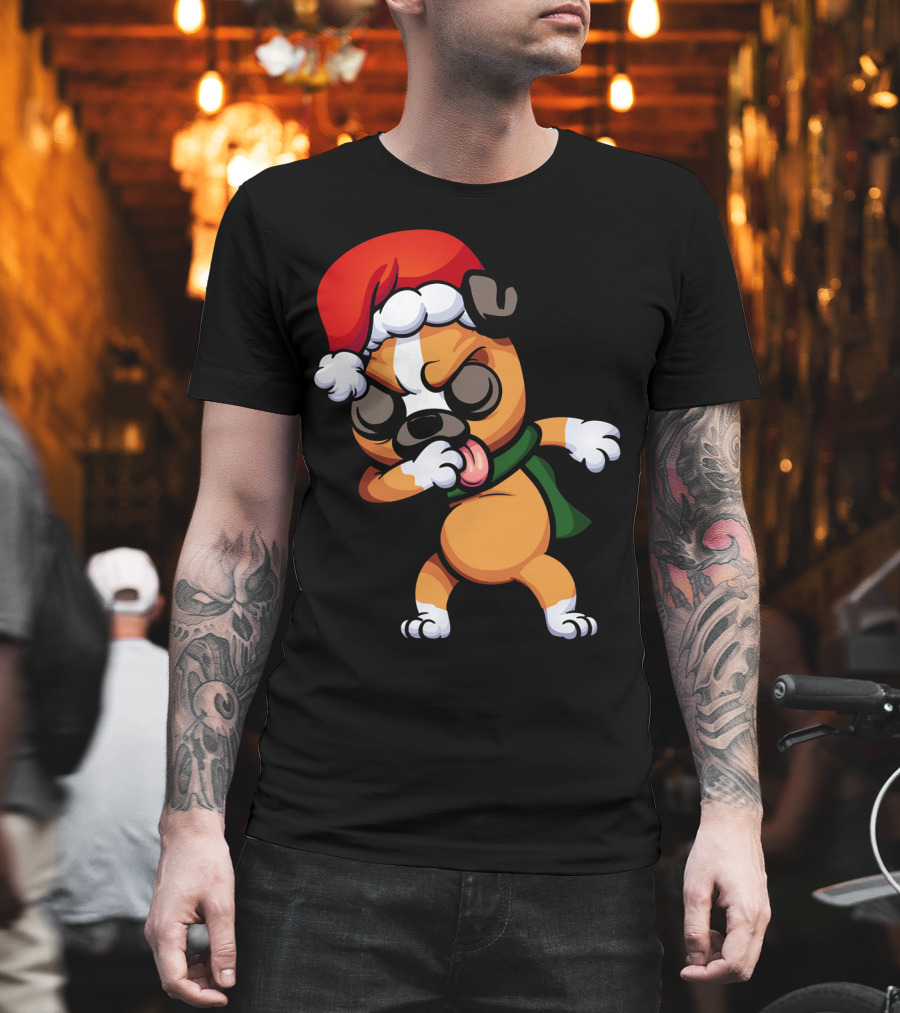 Dabbing Boxer Santa Dog Cartoon with Christmas Hat and Scarf T-Shirt