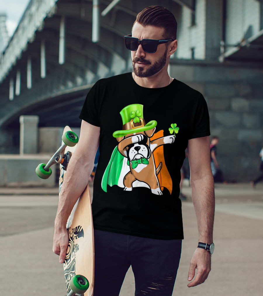 Lucky Boxer Dabbing With Irish Flag And Shamrock Hat T-Shirt