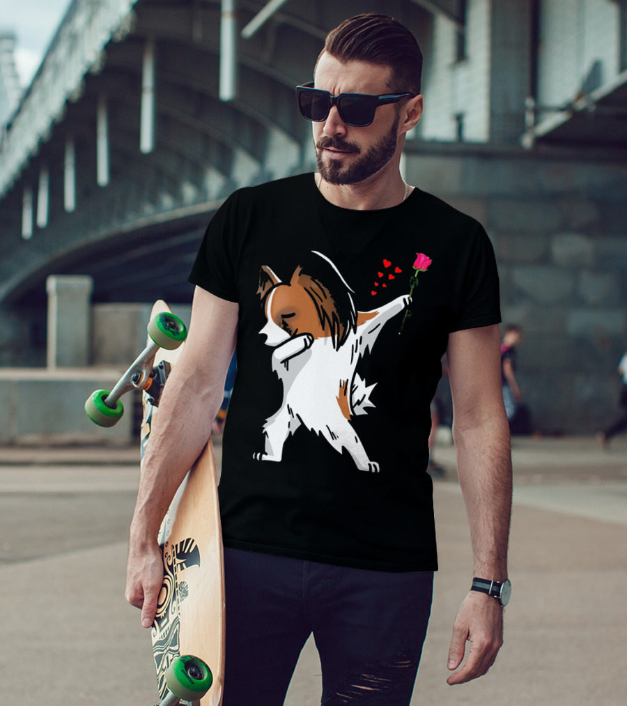 Dabbing Papillon Dog Holding Rose With Hearts For Valentines Day T-Shirt
