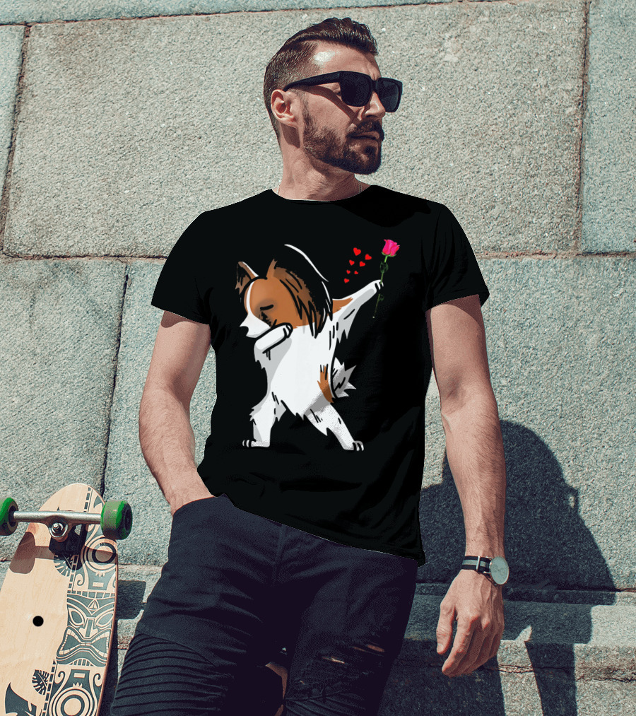Dabbing Papillon Dog Holding Rose With Hearts For Valentines Day T-Shirt