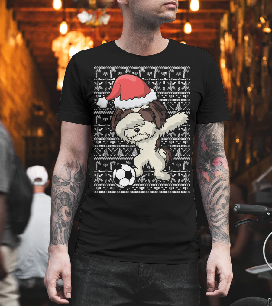 Santa Hat Dabbing Shih Tzu Soccer Ball Holiday Knit T-Shirt