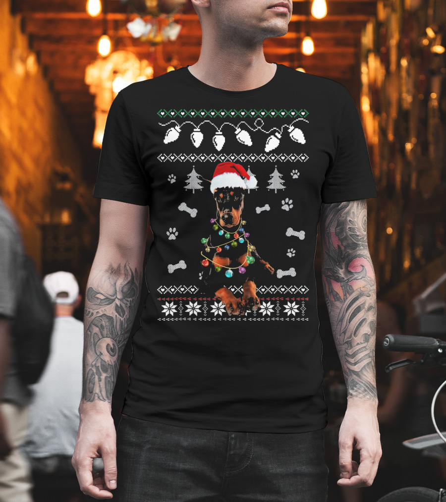Doberman Festive Santa Hat Lights Christmas T-Shirt