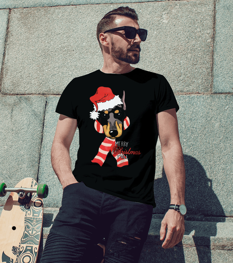 Merry Christmas Y'all Doberman Dog With Santa Hat And Candy Cane Stripes T-Shirt