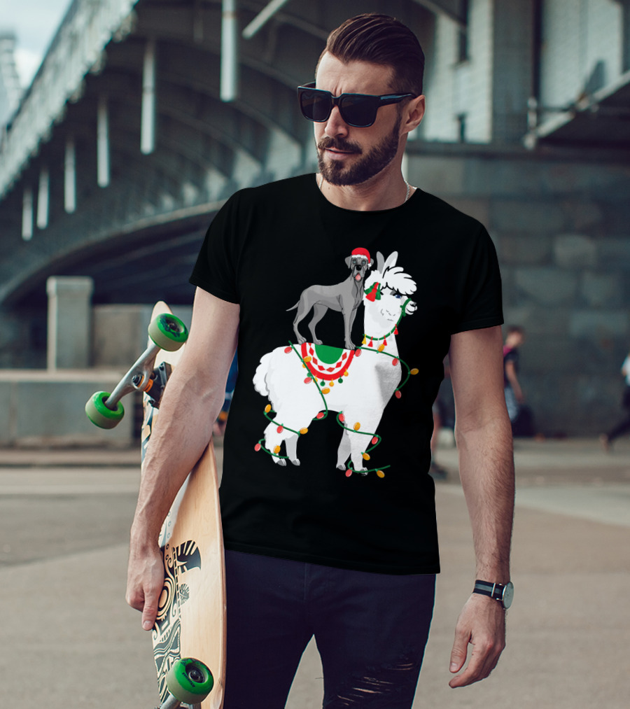 Fa La LLAMA Great Dane With Santa Hat On Llama Christmas Lights T-Shirt
