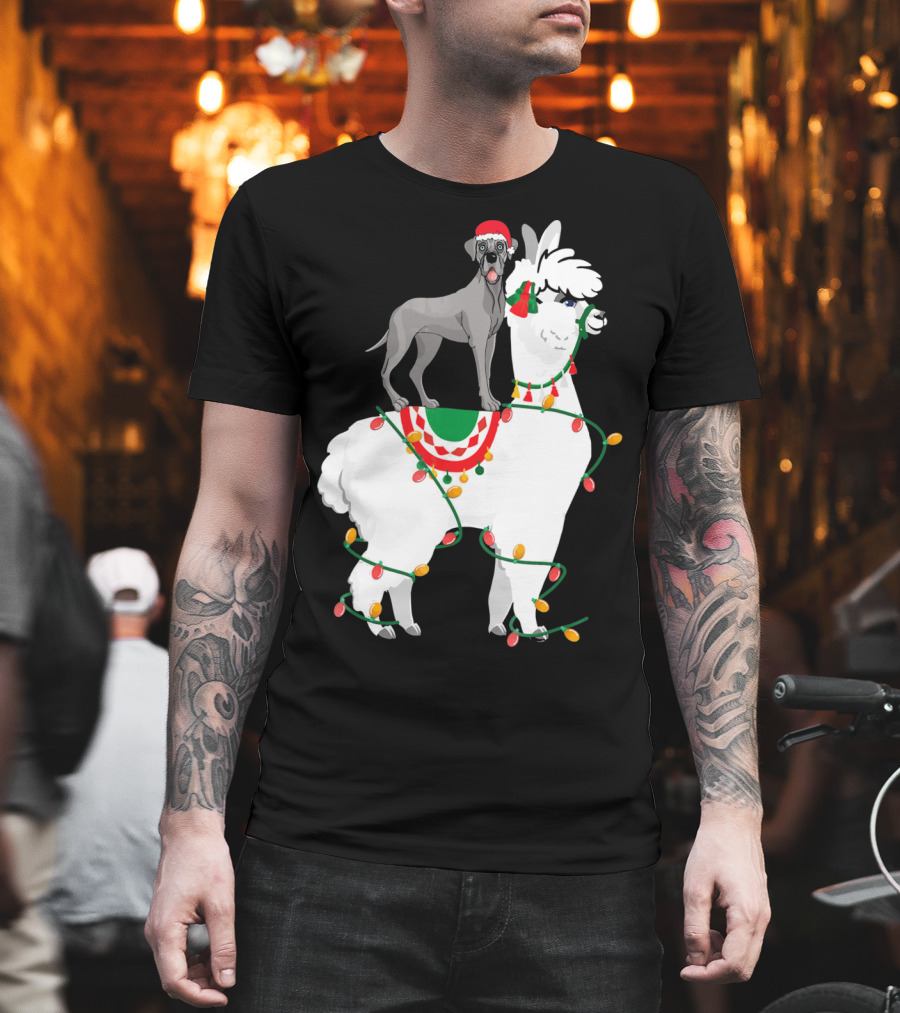 Fa La LLAMA Great Dane With Santa Hat On Llama Christmas Lights T-Shirt
